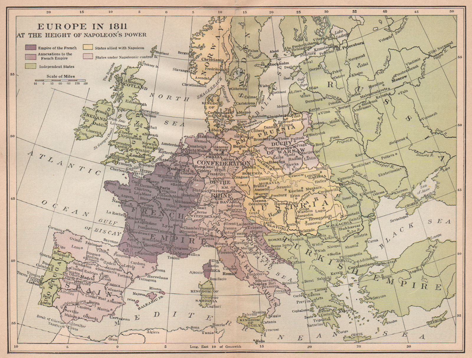 EUROPE IN 1811.French Empire,annexed territory & allies.Napoleon's apex 1917 map